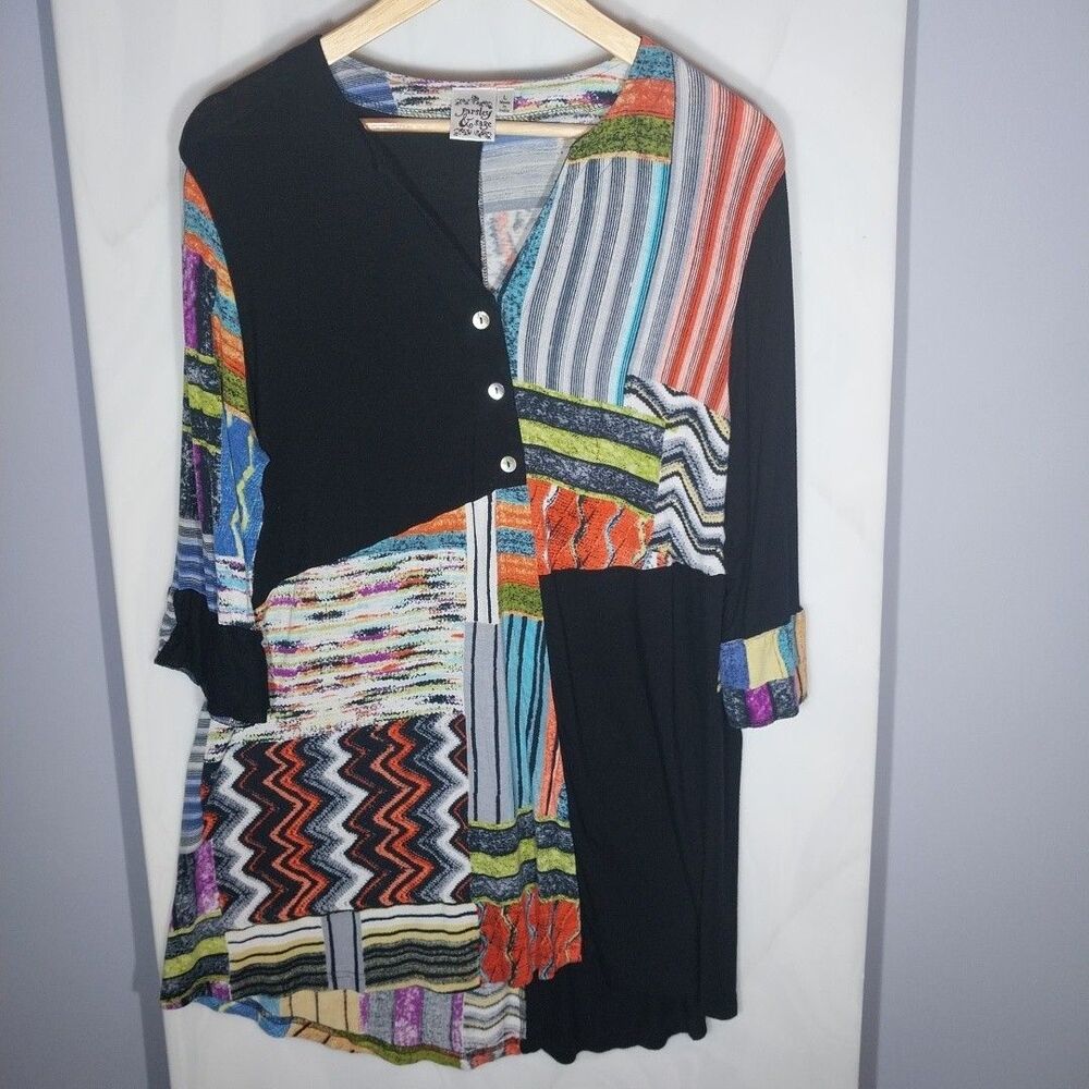 Parsley & Sage Tunic Top L Abstract Patchwork Colorblock Hi Low Artsy Boho